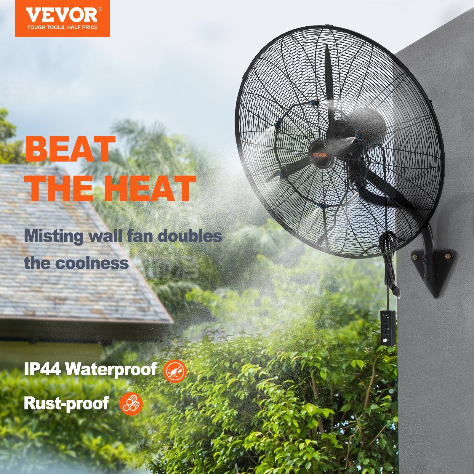 Wall-Mount Misting Fan, 61.6cm Oscillating Metal 3-Speed Waterproof Fan