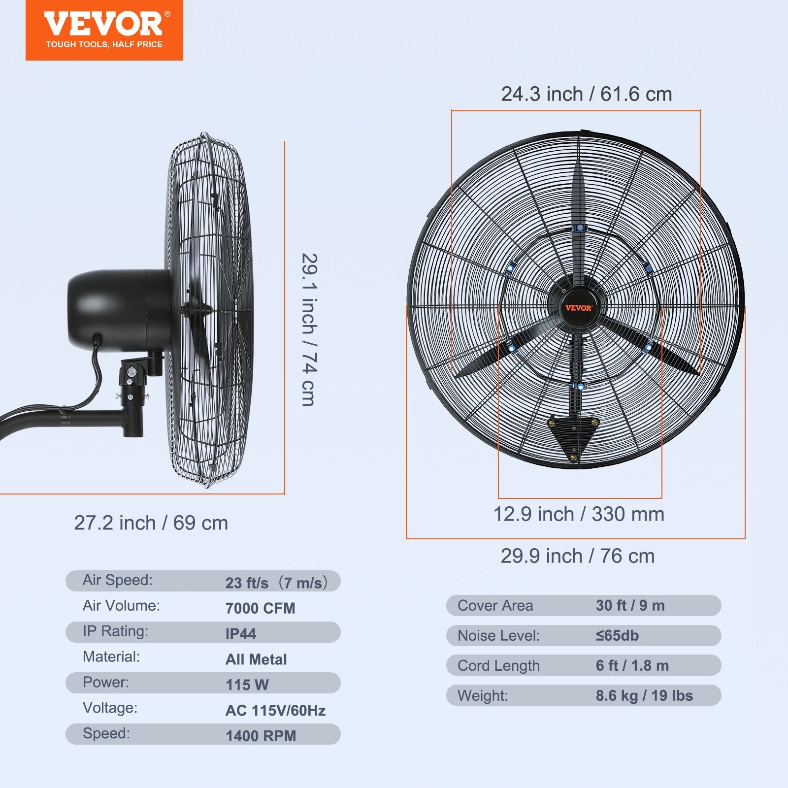 Wall-Mount Misting Fan, 61.6cm Oscillating Metal 3-Speed Waterproof Fan
