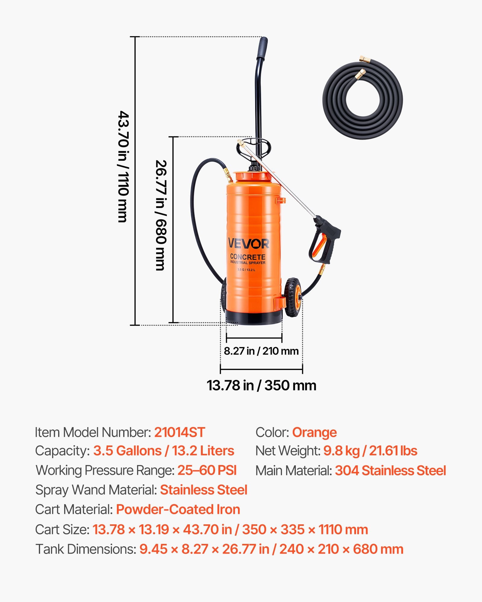 Industrial Concrete Sprayer 14L Stainless Steel Wheeled Cart Heavy Duty Pump