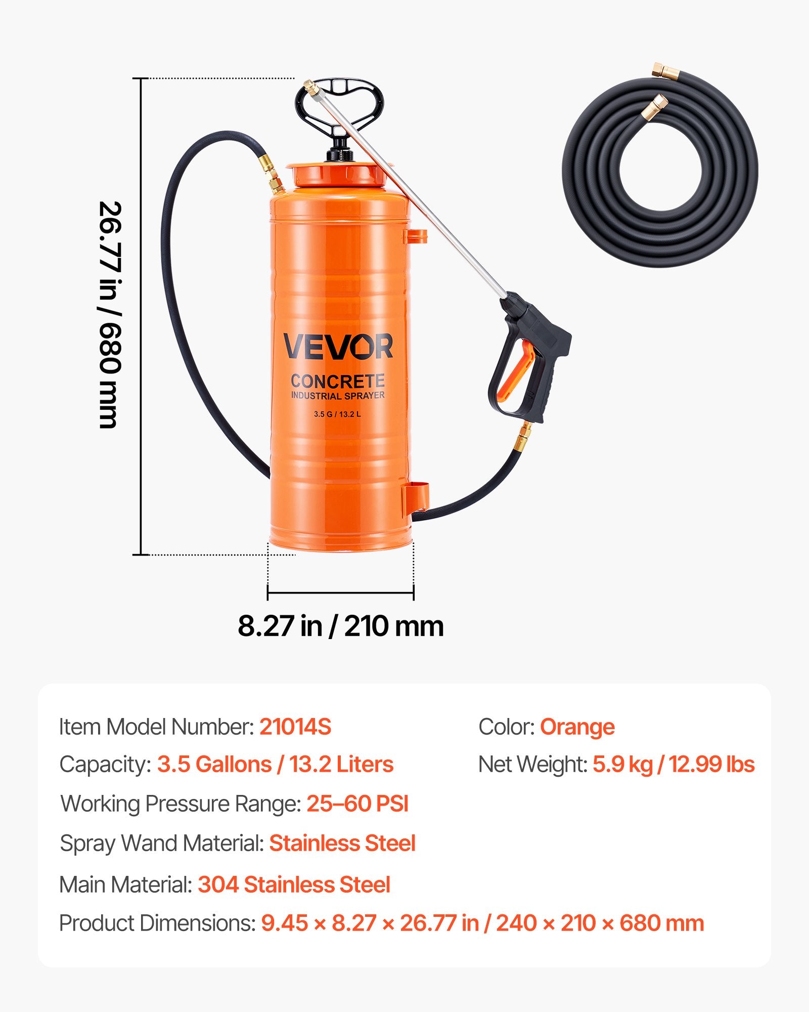 Industrial Concrete Sprayer 14L Stainless Steel with 52cm Wand, Hoses & Nozzles