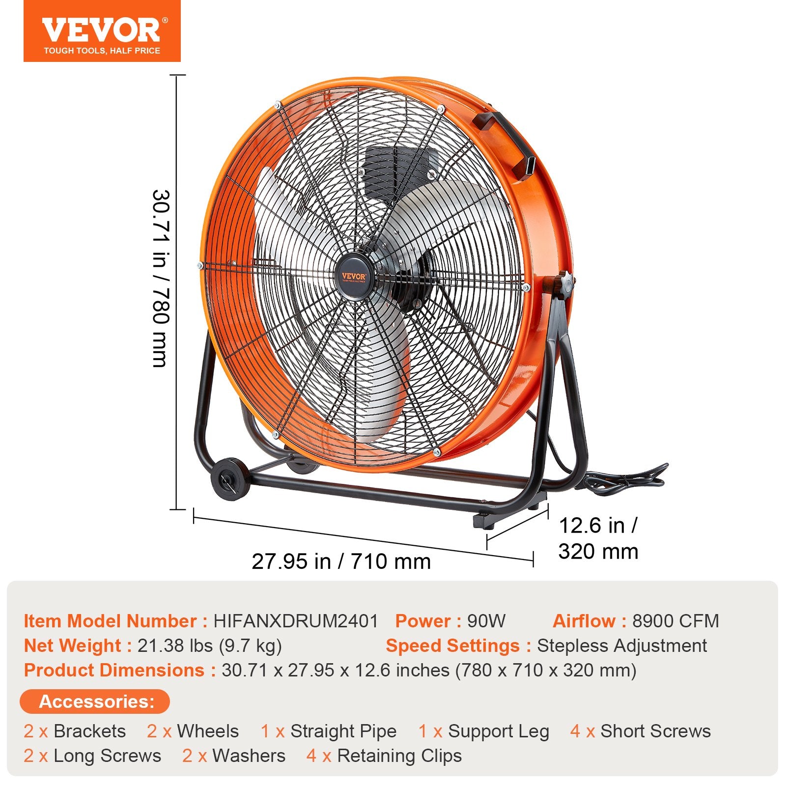 24" Industrial Drum Fan 8900 CFM Variable Speed Floor Fan with Wheels