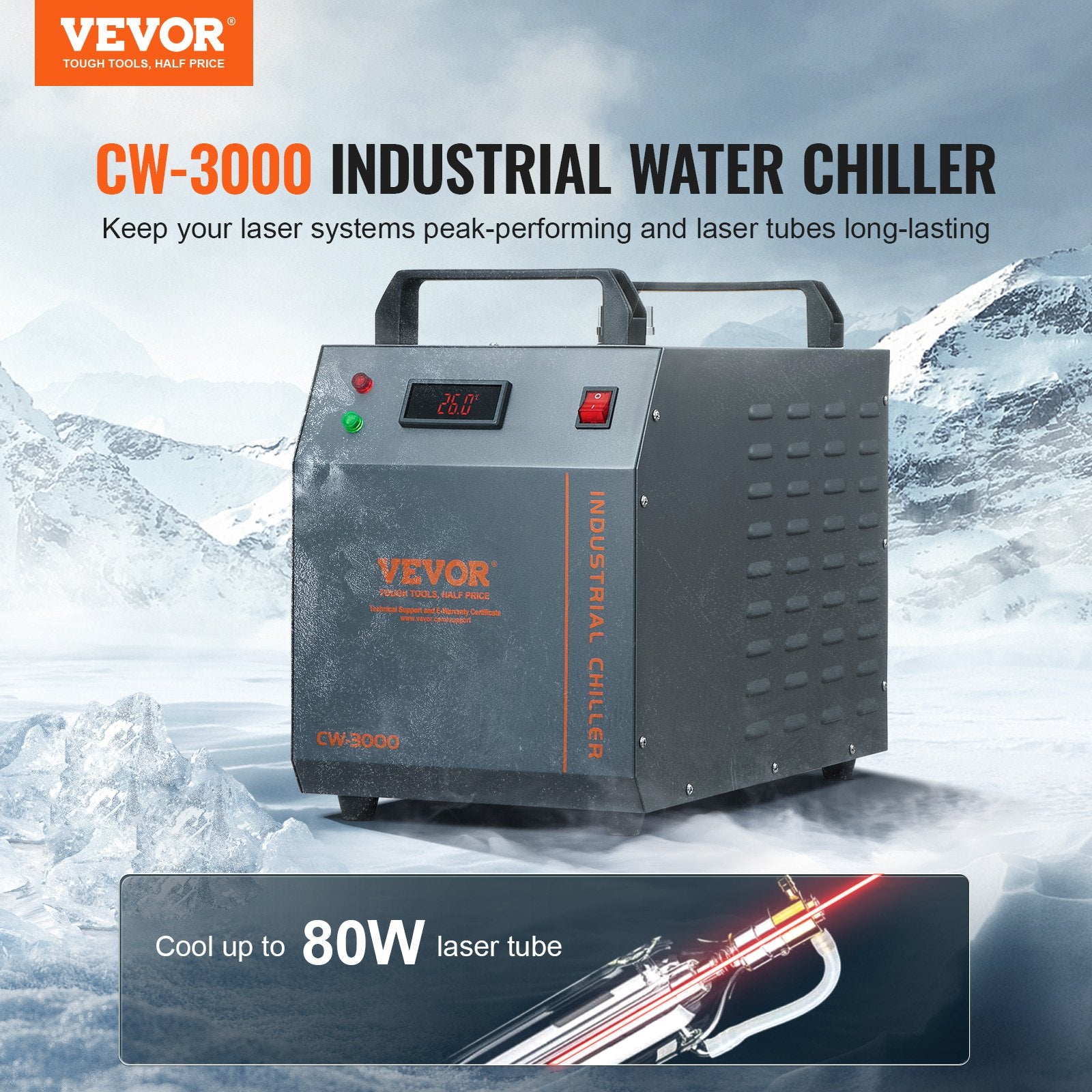 Industrial Water Chiller CW-3000 80W Air-Cooled 12L Tank 12L/min Flow Rate