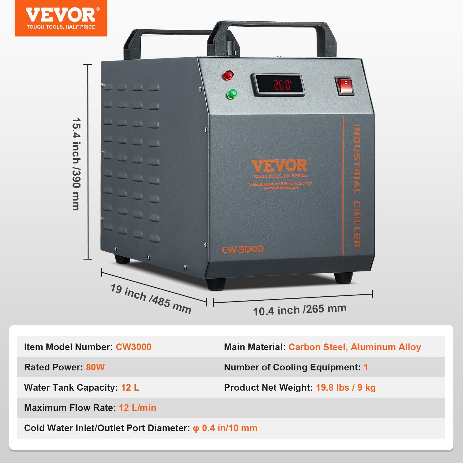 Industrial Water Chiller CW-3000 80W Air-Cooled 12L Tank 12L/min Flow Rate