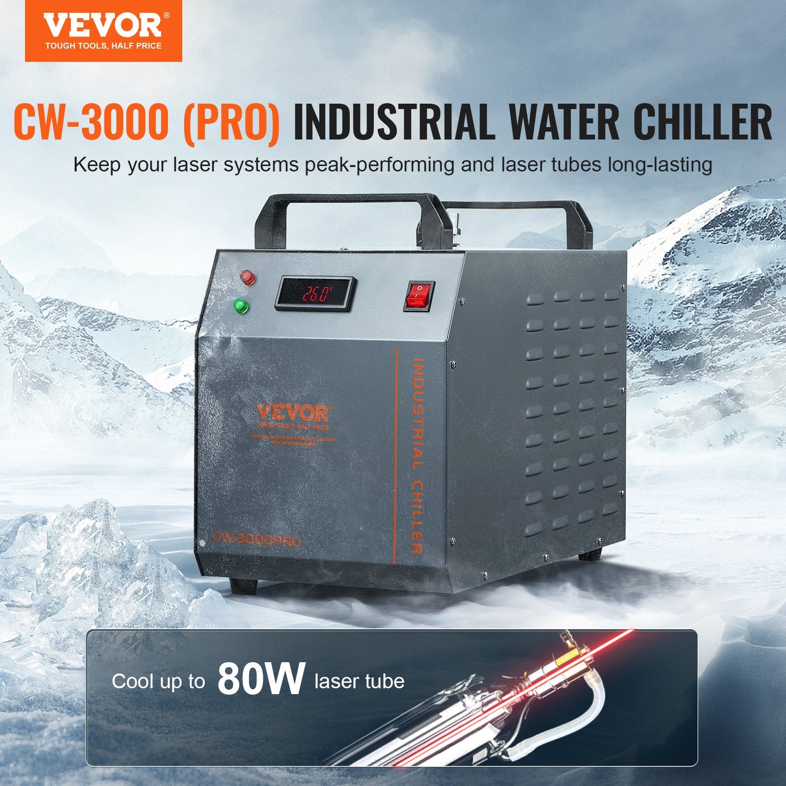 Industrial Water Chiller CW-3000(PRO) 150W Air-Cooled 12L Tank 18L/min Flow