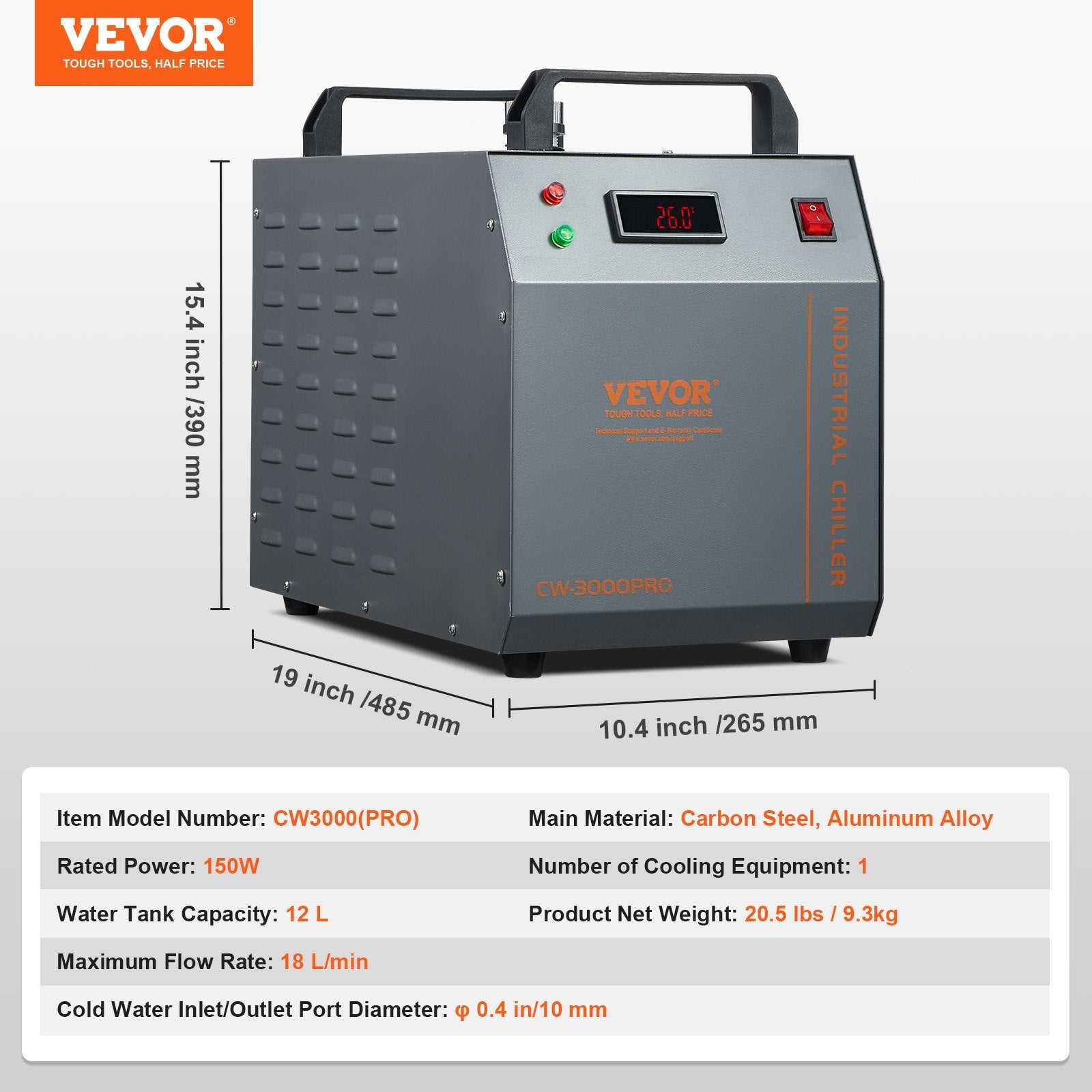 Industrial Water Chiller CW-3000(PRO) 150W Air-Cooled 12L Tank 18L/min Flow
