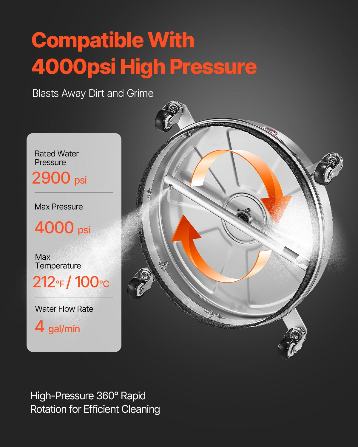 18in Pressure Washer Surface Cleaner Stainless Steel 4 Wheels 4000 PSI