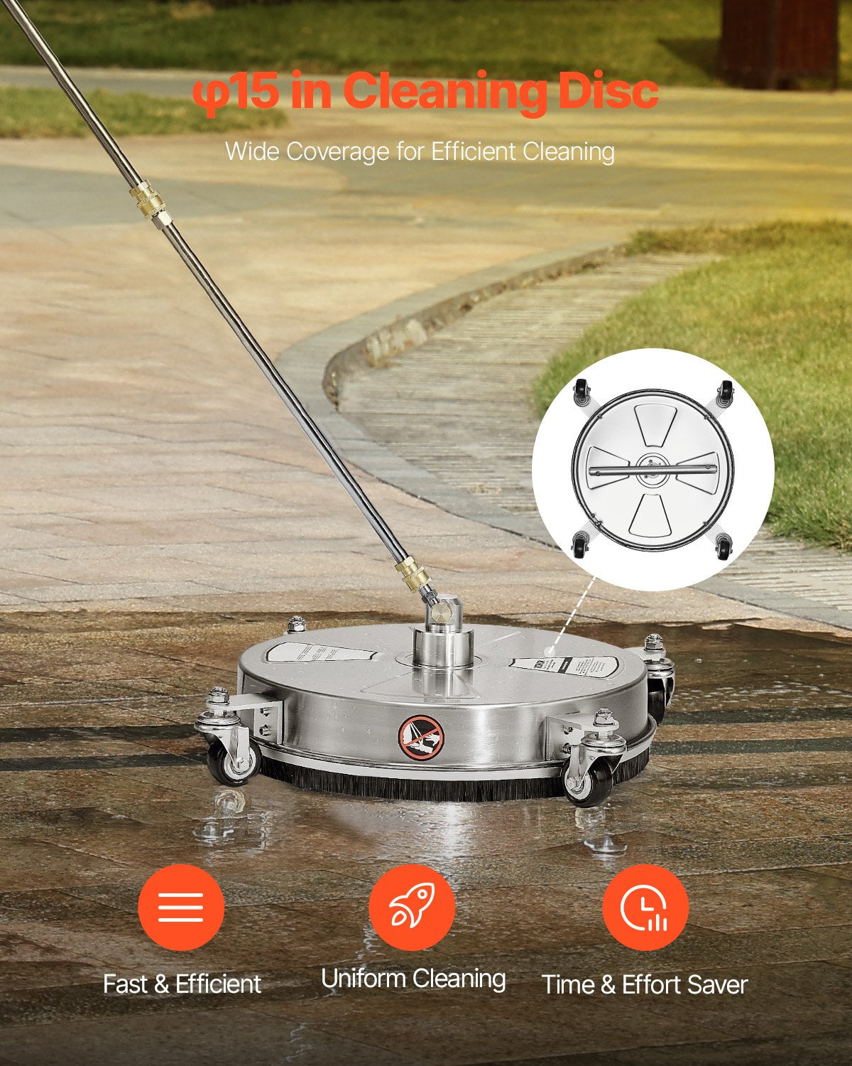 Pressure Washer Surface Cleaner 15" Stainless Steel 4-Wheel 4000 PSI with Nozzle