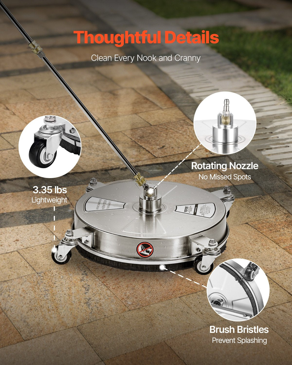 Pressure Washer Surface Cleaner 15" Stainless Steel 4-Wheel 4000 PSI with Nozzle