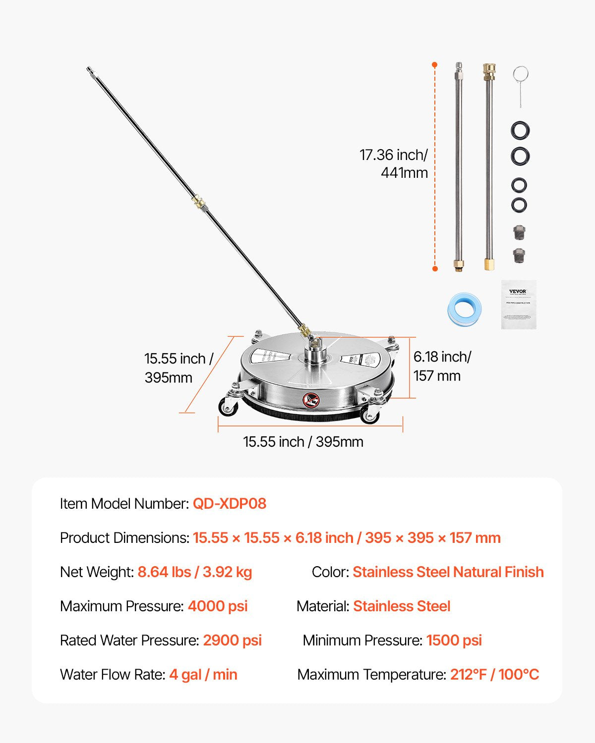 Pressure Washer Surface Cleaner 15" Stainless Steel 4-Wheel 4000 PSI with Nozzle