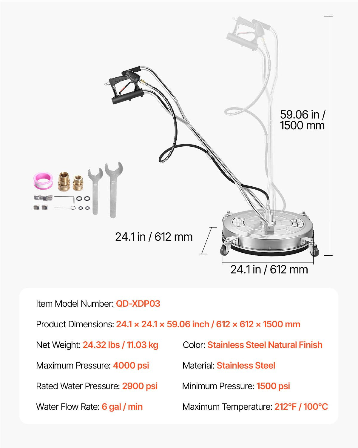 24" Pressure Washer Surface Cleaner Stainless Steel 4000 PSI 4 Wheels Dual H&le