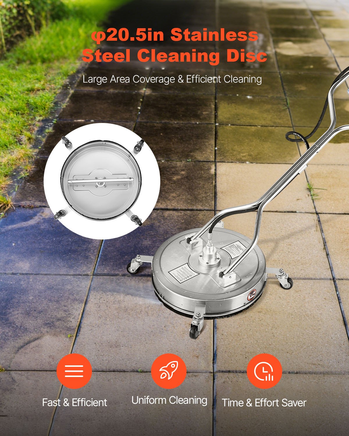 20" Pressure Washer Surface Cleaner Stainless Steel 4500 PSI 4 Wheels Dual H&le