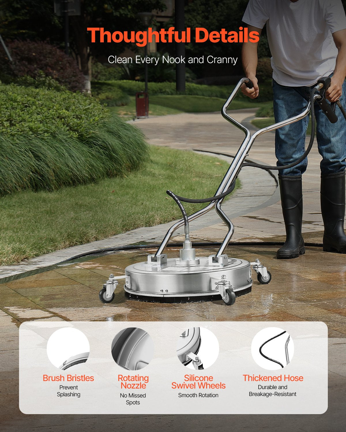 20" Pressure Washer Surface Cleaner Stainless Steel 4500 PSI 4 Wheels Dual H&le