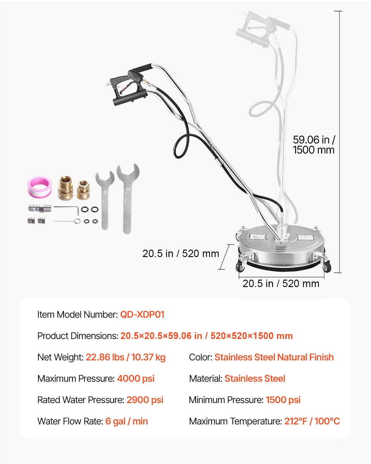 20" Pressure Washer Surface Cleaner Stainless Steel 4500 PSI 4 Wheels Dual H&le