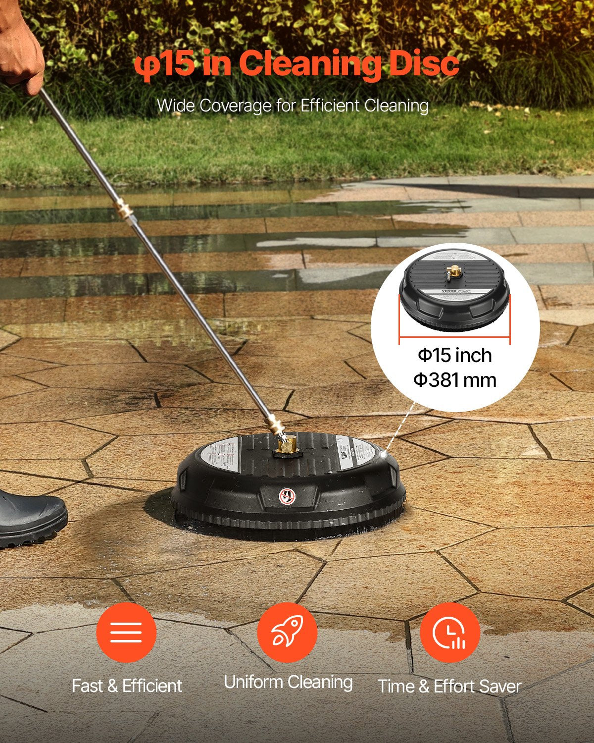15" Pressure Washer Surface Cleaner with 4 Wheels for Driveway