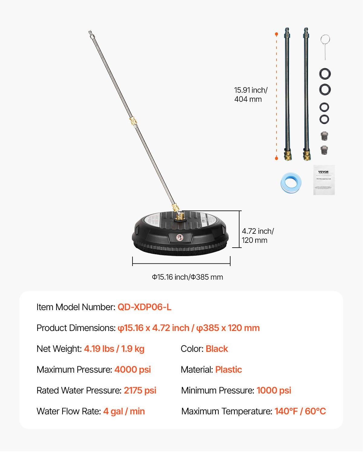 15" Pressure Washer Surface Cleaner with 4 Wheels for Driveway