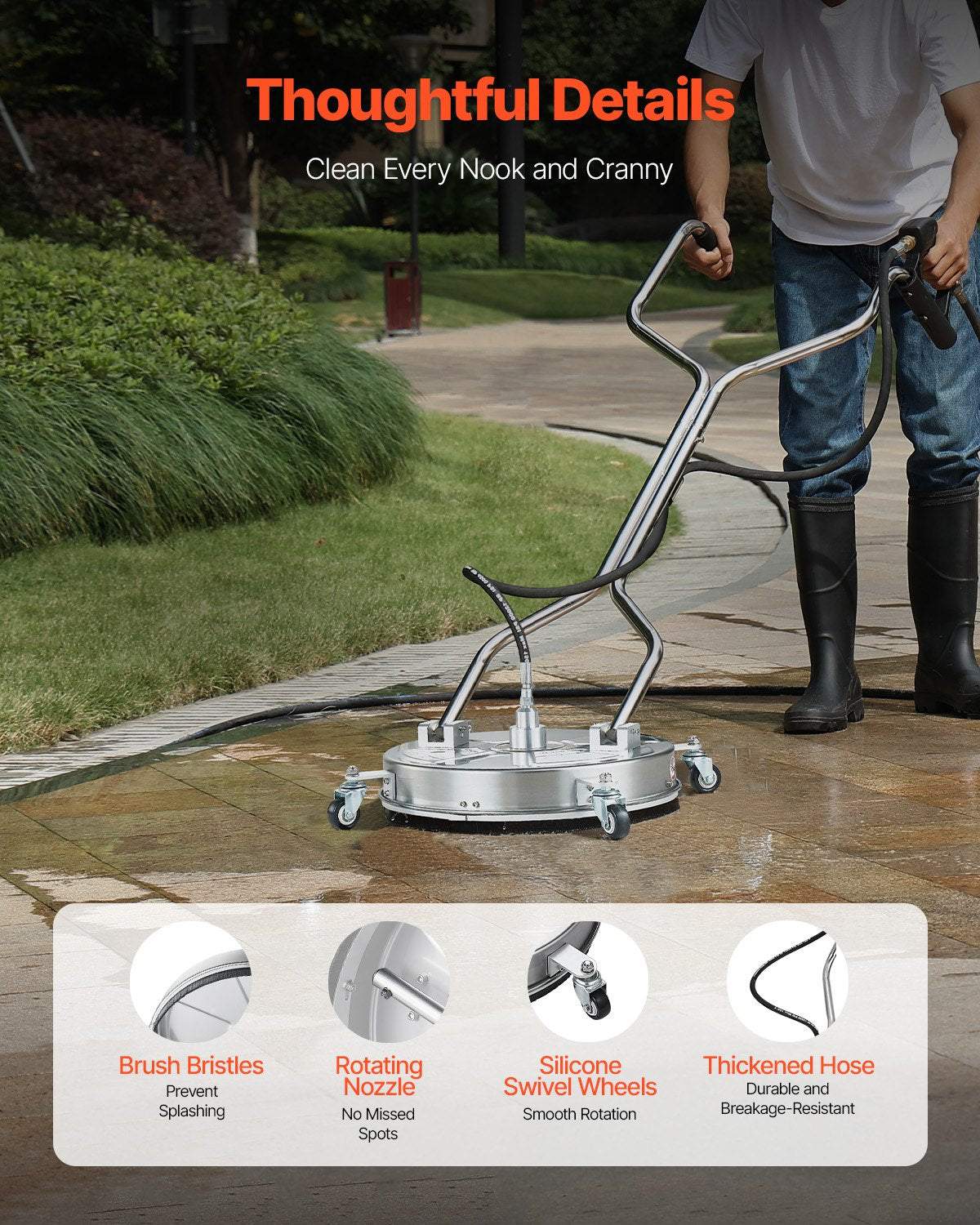 18in Pressure Washer Surface Cleaner, Stainless Steel, 4 Wheels, 4000 PSI