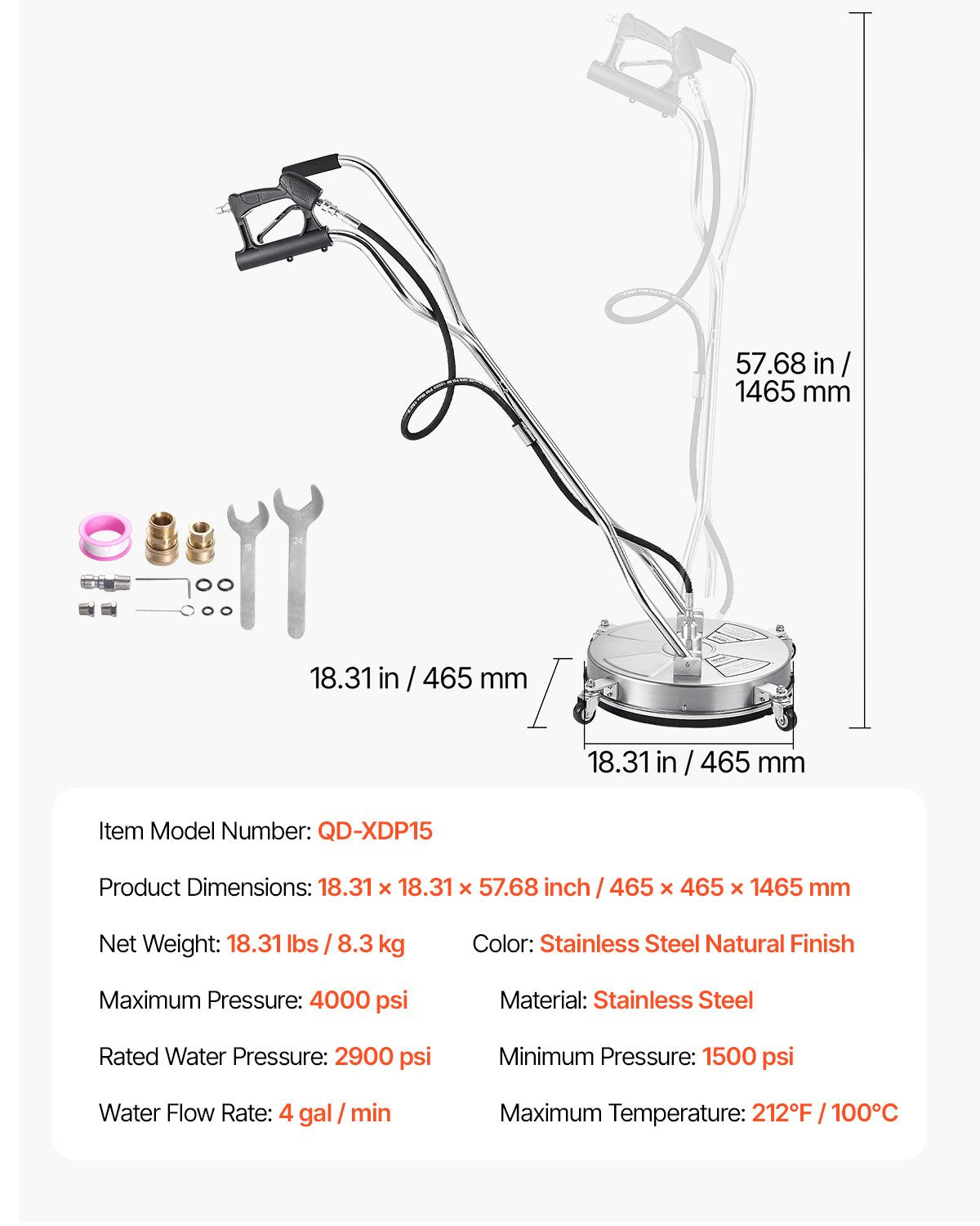 18in Pressure Washer Surface Cleaner, Stainless Steel, 4 Wheels, 4000 PSI