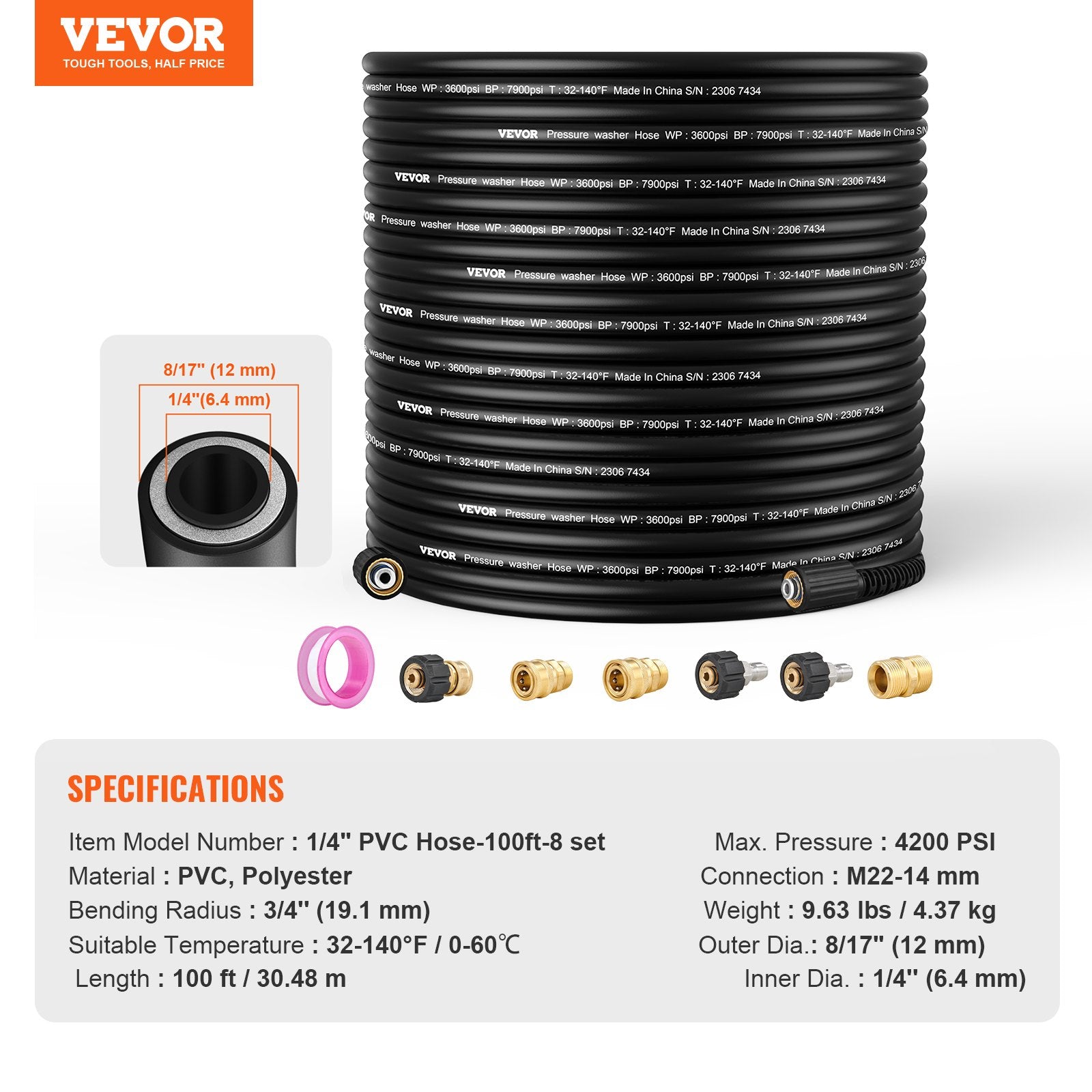 High Pressure Power Washer Hose 100FT 4200 PSI 1/4" Quick Connection