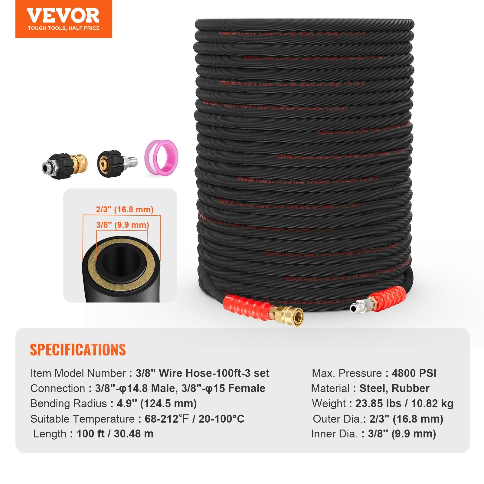 High Pressure Power Washer Hose 100FT 4800 PSI 3/8" Quick Connection