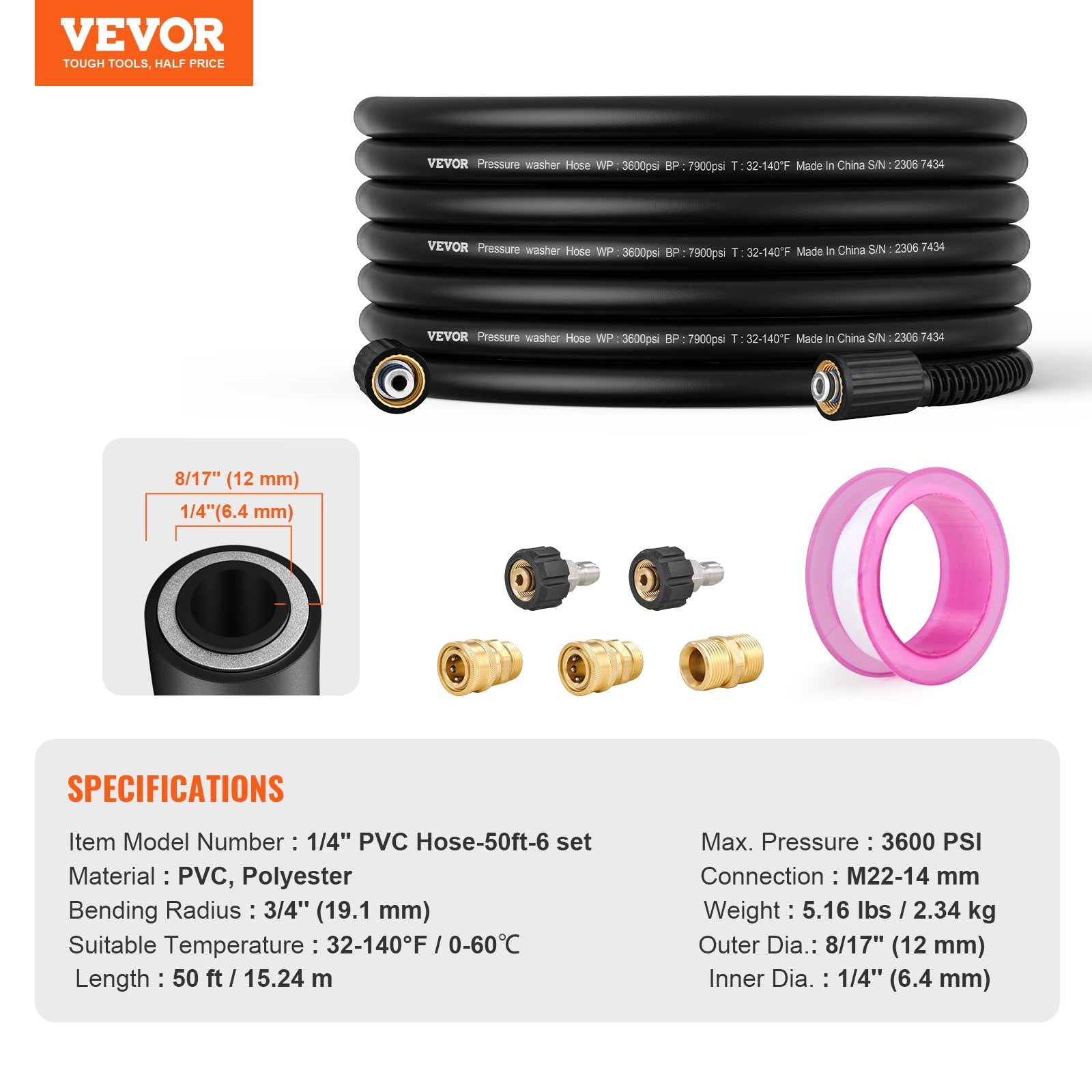 High Pressure Power Washer Hose 50FT 3600 PSI 1/4" Quick Connection