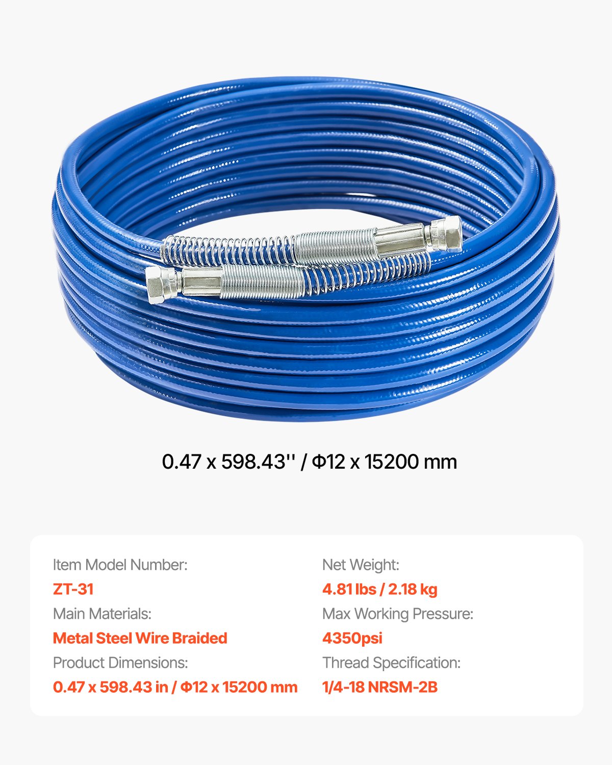 50ft Airless Paint Sprayer Hose 1/4 in 4350 PSI High-Pressure Reinforced Hose