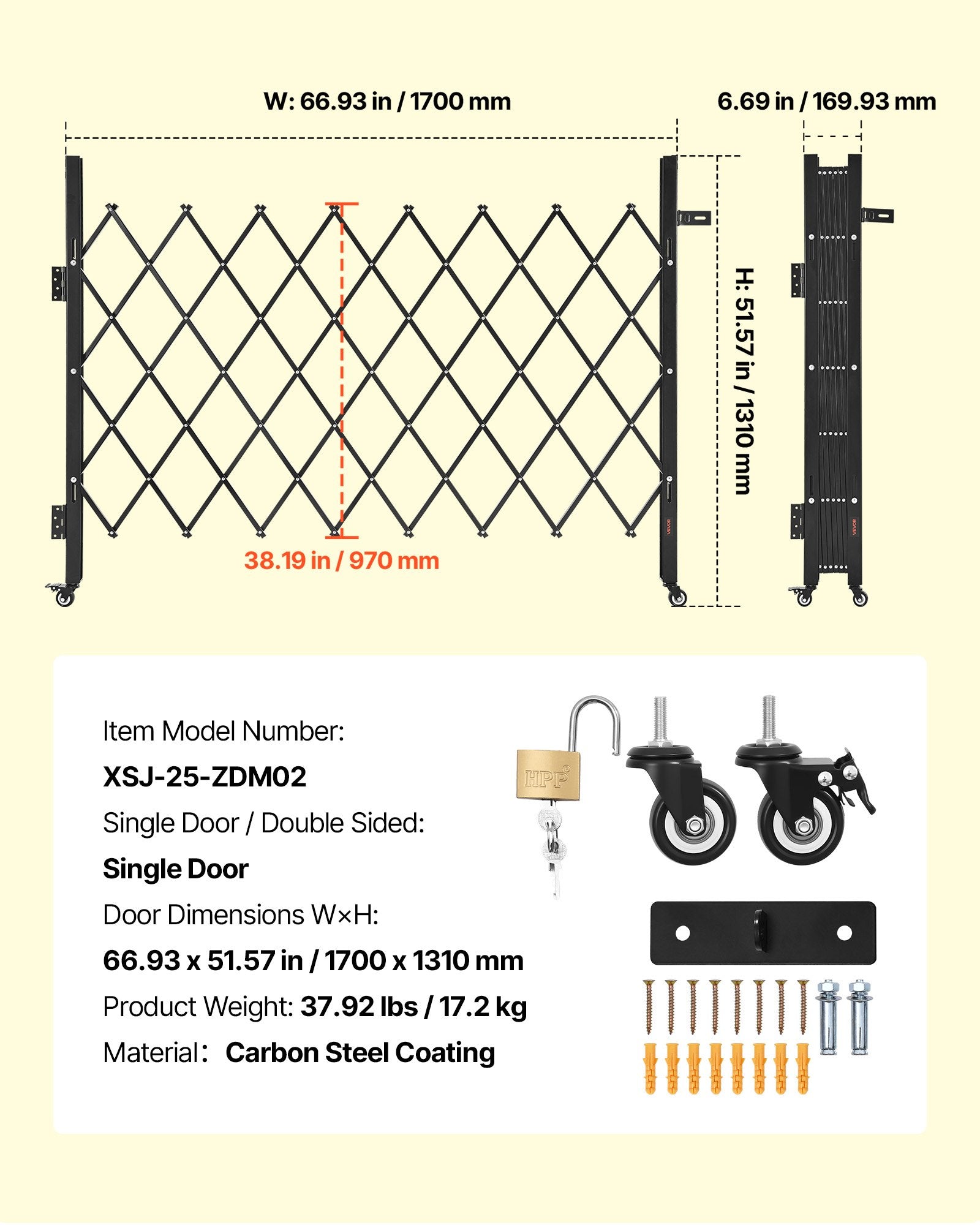 Single Folding Security Gate 1700x1310mm Lockable Scissor 360° Swivel Casters