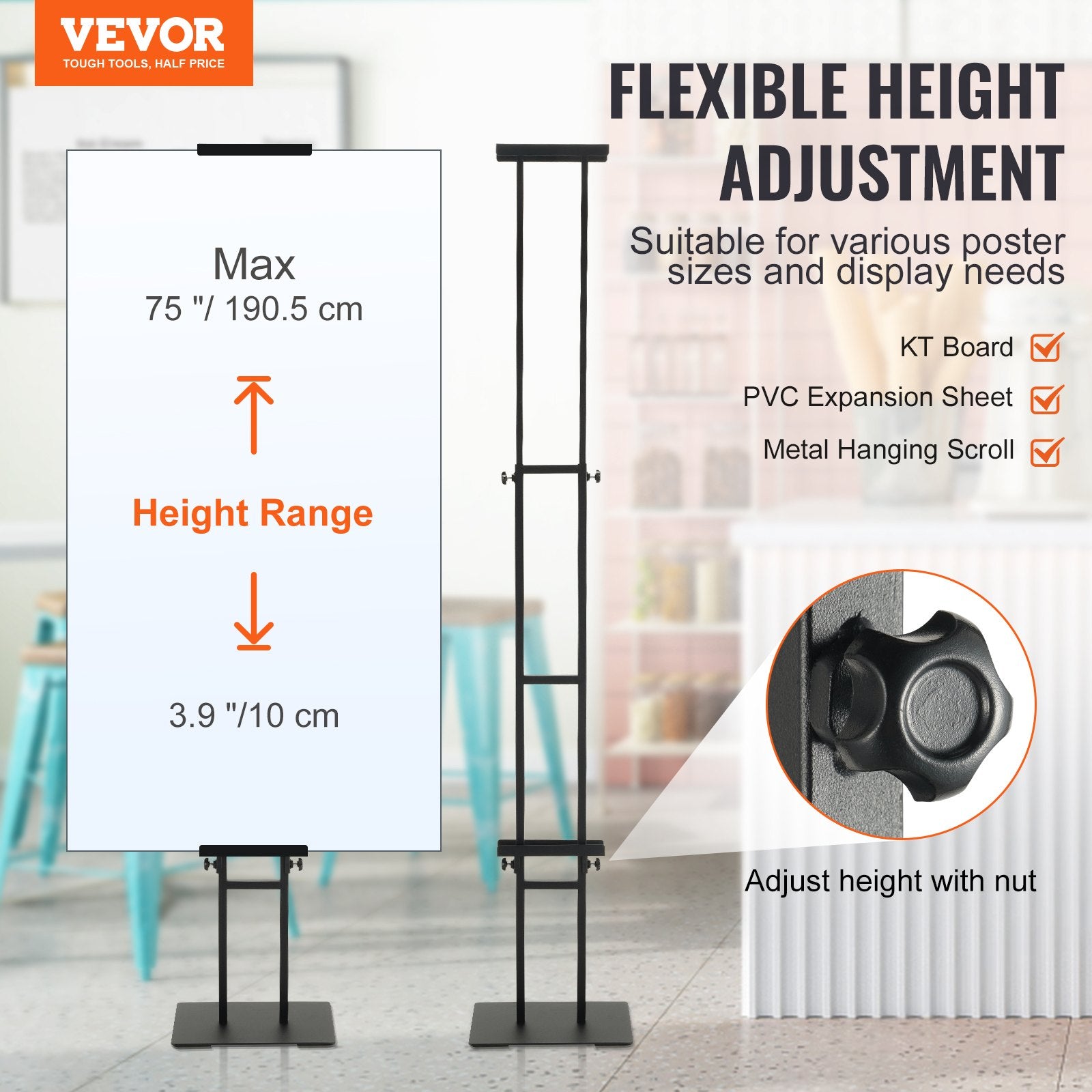 Double-Sided Poster Stand Adjustable to 75" Heavy Duty Floor Pedestal Black