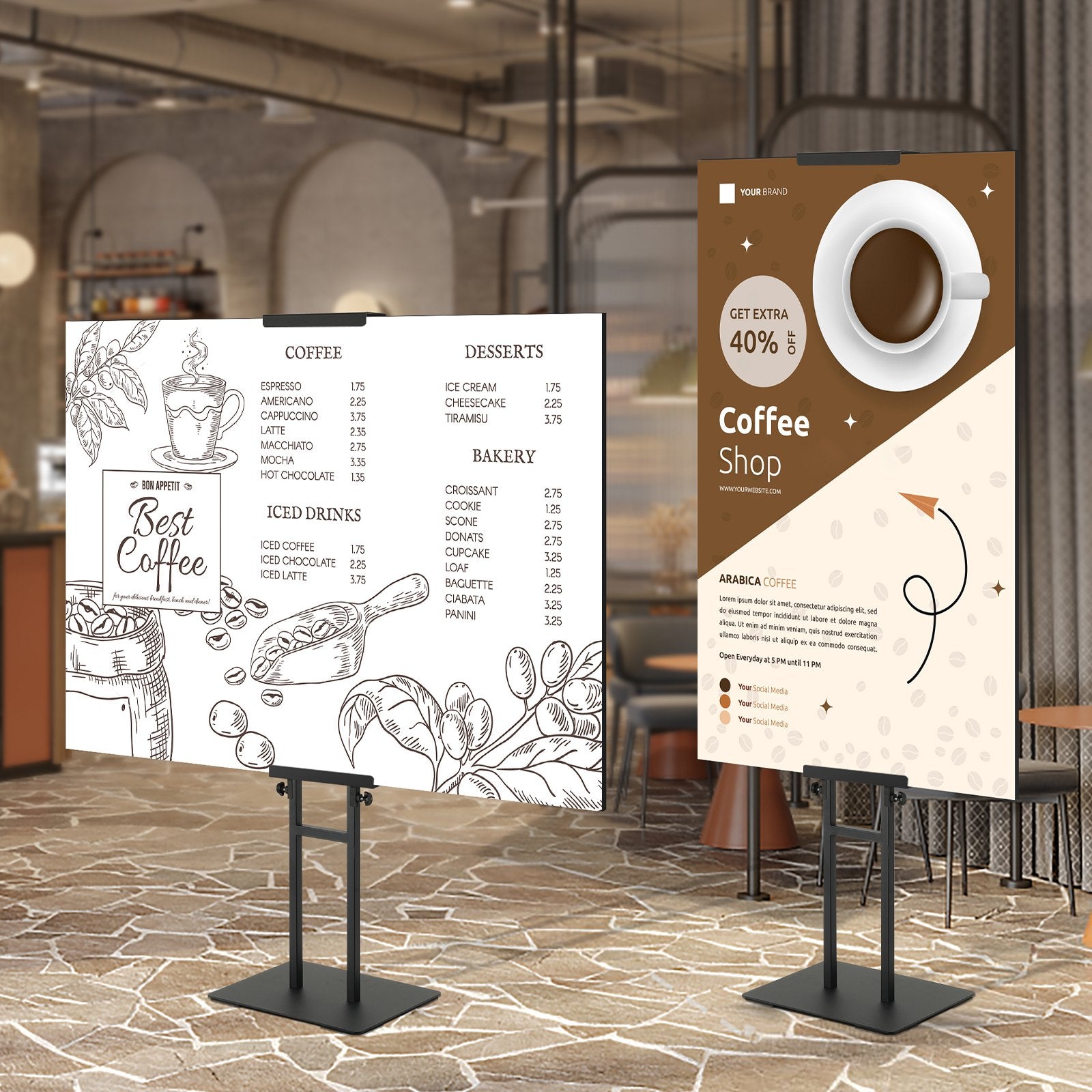 Double-Sided Poster Stand Adjustable to 75" Heavy Duty Floor Pedestal Black