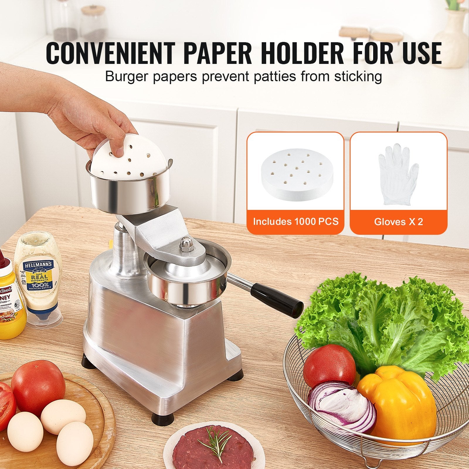Commercial Burger Patty Maker 100mm Stainless Steel Bowl with 1000 Patty Papers