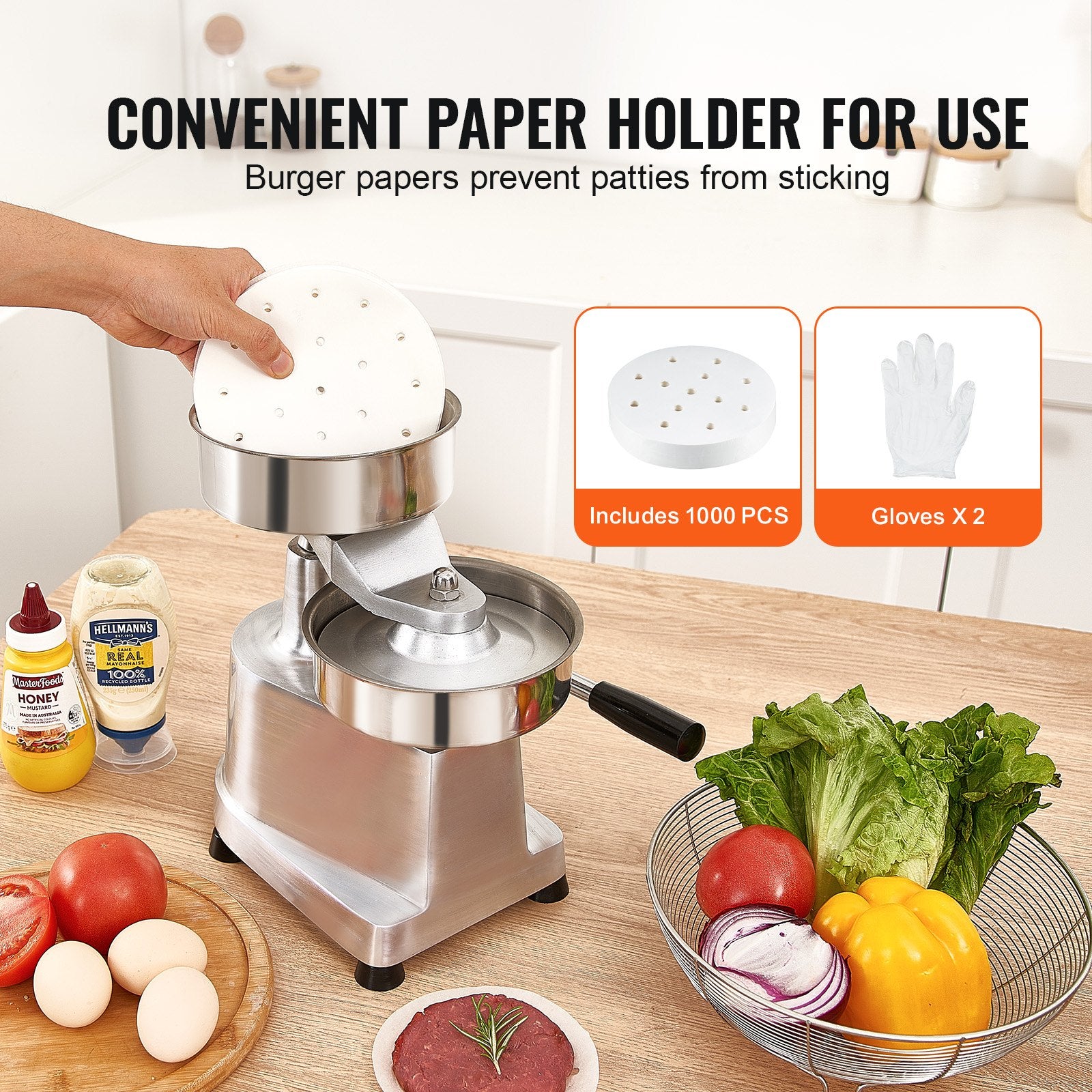 Commercial Burger Patty Maker 150mm Stainless Steel Bowl with 1000 Patty Papers