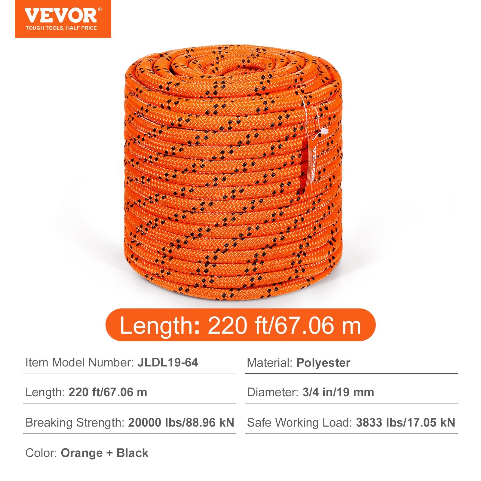 Double Braided Polyester Rope 19mm x 67.06m Outdoor Climbing Rigging Rope