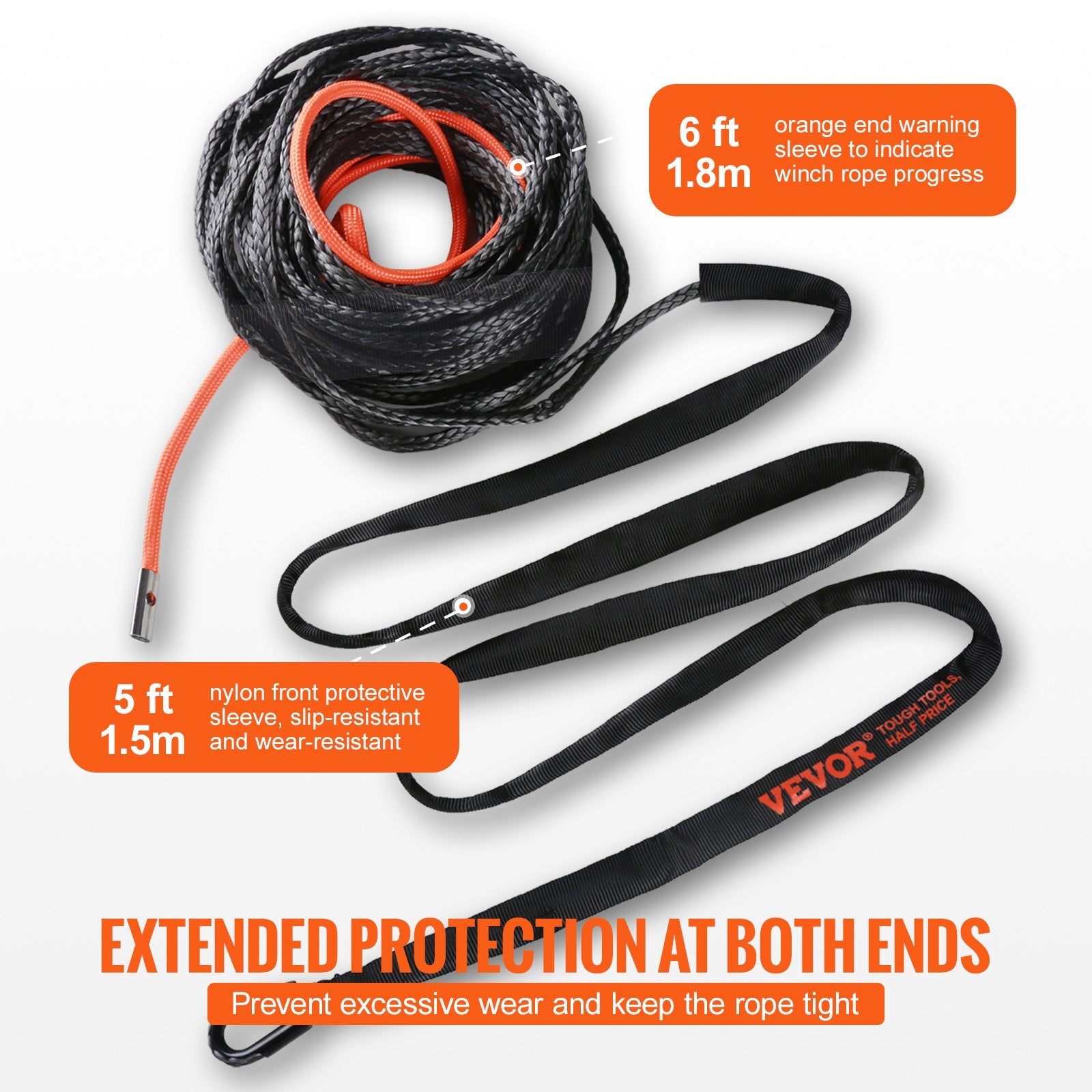 Synthetic Winch Rope 9.5mm x 30.5m 117.9kN with Hook and Sleeve