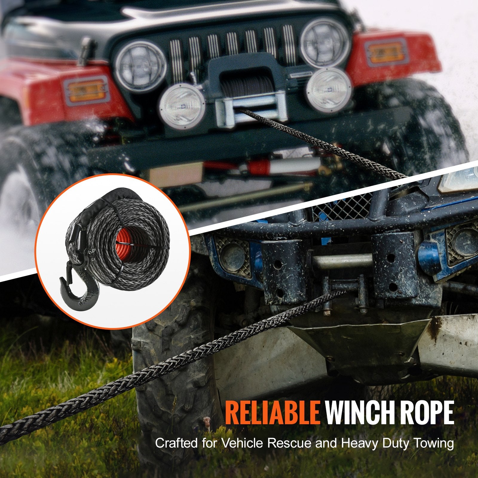 Synthetic Winch Rope 9.5mm x 30.5m 117.9kN with Hook and Sleeve