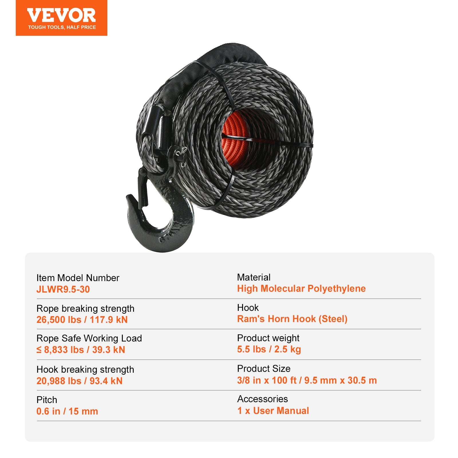 Synthetic Winch Rope 9.5mm x 30.5m 117.9kN with Hook and Sleeve