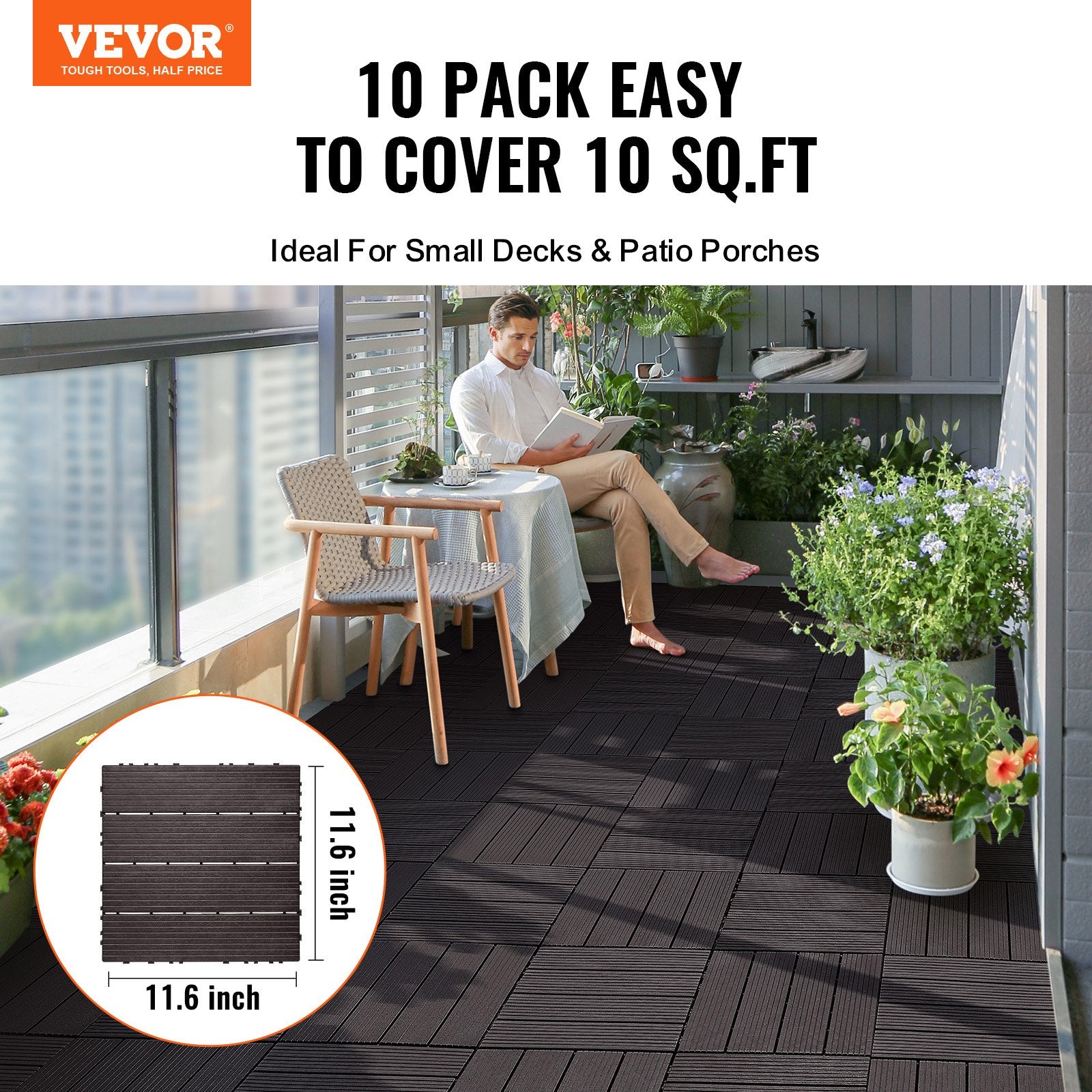 Deck Tiles Interlocking 10 Pack 12x12 Inch Plastic Waterproof Outdoor Brown