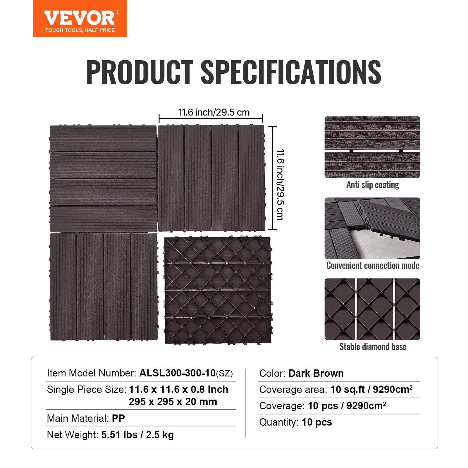 Deck Tiles Interlocking 10 Pack 12x12 Inch Plastic Waterproof Outdoor Brown