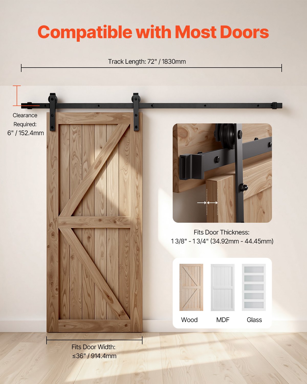 1830 mm Sliding Barn Door Hardware Kit for Single Sliding Barn Door Black