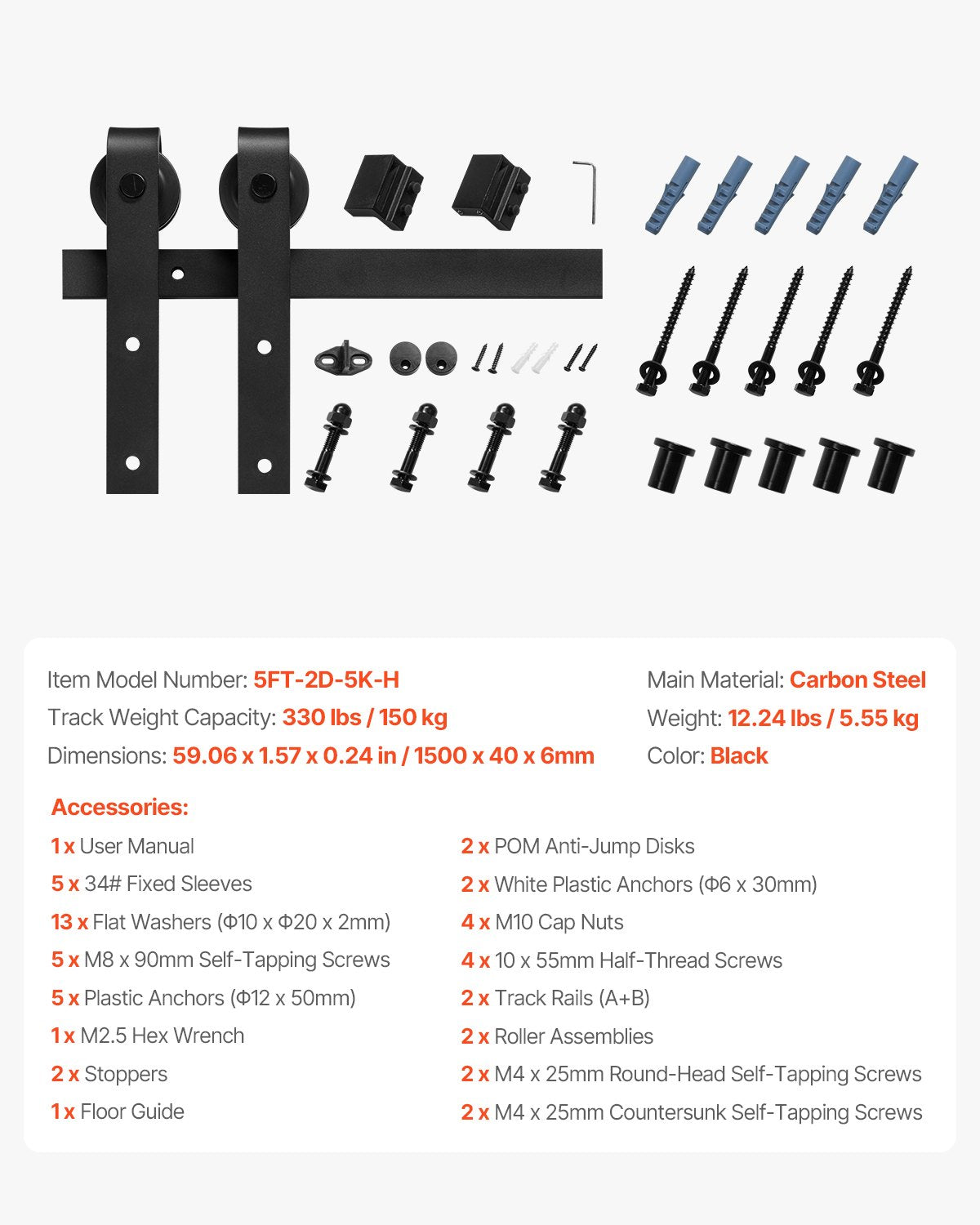 1500 mm Sliding Barn Door Hardware Kit for Single Sliding Barn Door Black