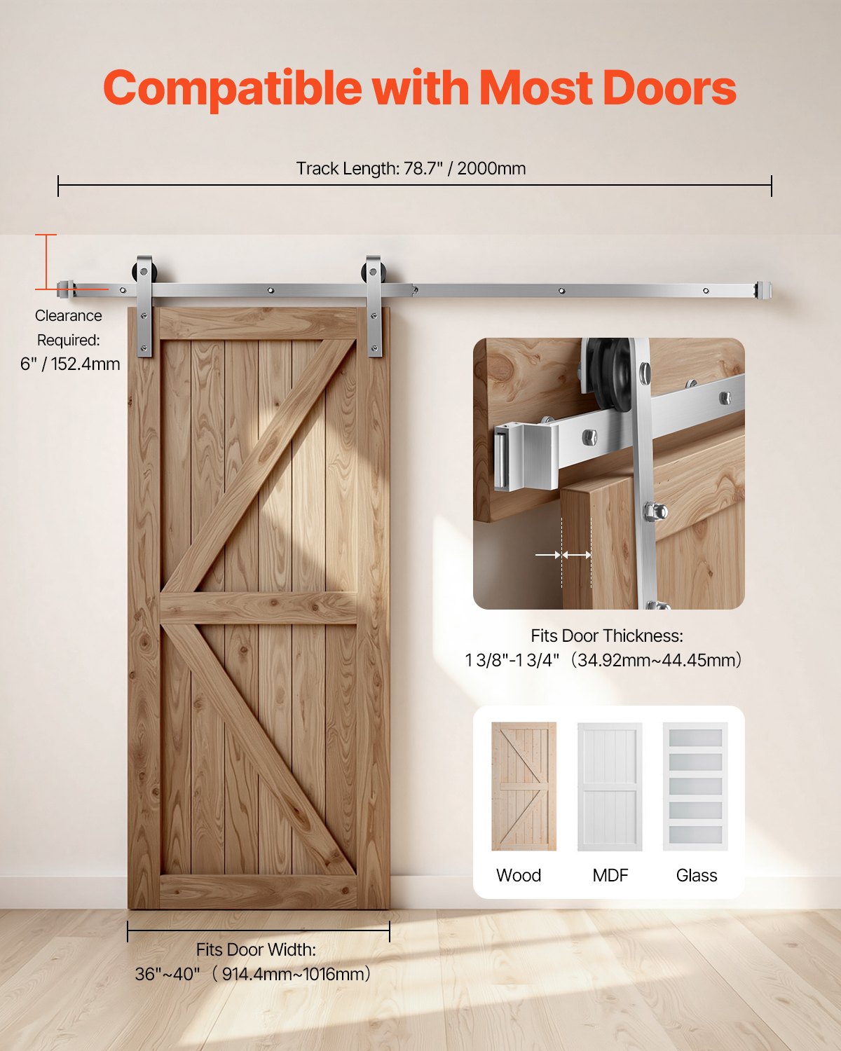 2000 mm Sliding Barn Door Hardware Kit for Single Sliding Barn Door Silver