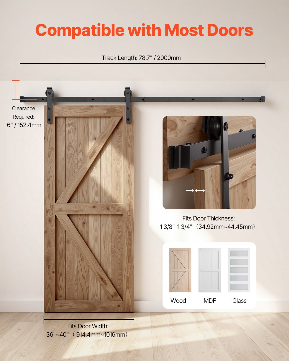 2000 mm Sliding Barn Door Hardware Kit for Single Sliding Barn Door Black
