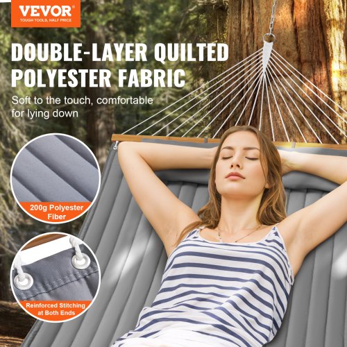 VEVOR 12 FT Double Hammock Quilted Fabric Hardwood Spreader Bars for 2 Person