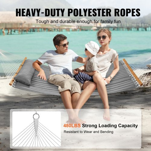 VEVOR 12 FT Double Hammock Quilted Fabric Hardwood Spreader Bars for 2 Person