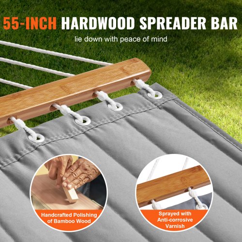 VEVOR 12 FT Double Hammock Quilted Fabric Hardwood Spreader Bars for 2 Person