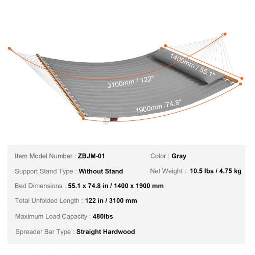 VEVOR 12 FT Double Hammock Quilted Fabric Hardwood Spreader Bars for 2 Person