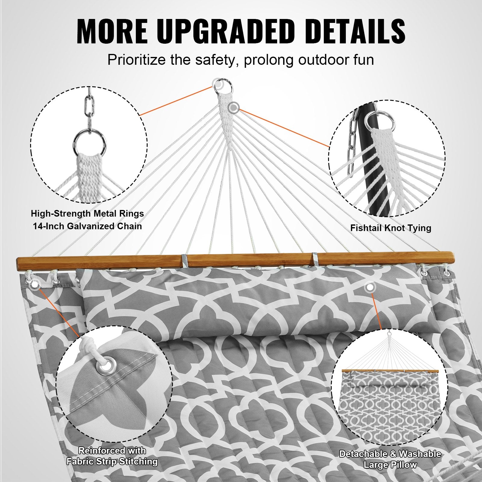 Hammock Double Quilted Fabric 12ft Hardwood Spreader Bar Detachable Pillow 480lb