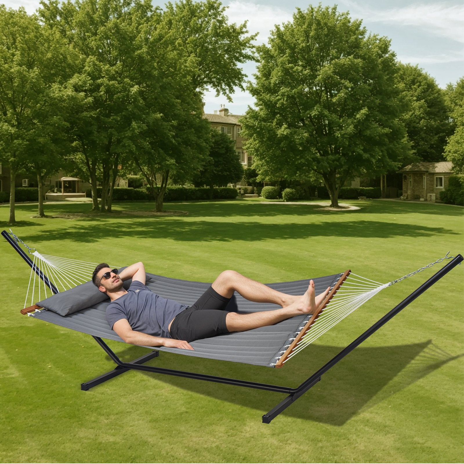 Two Person Hammock with Stand Heavy Duty 480lb Double 12ft Steel Freestanding