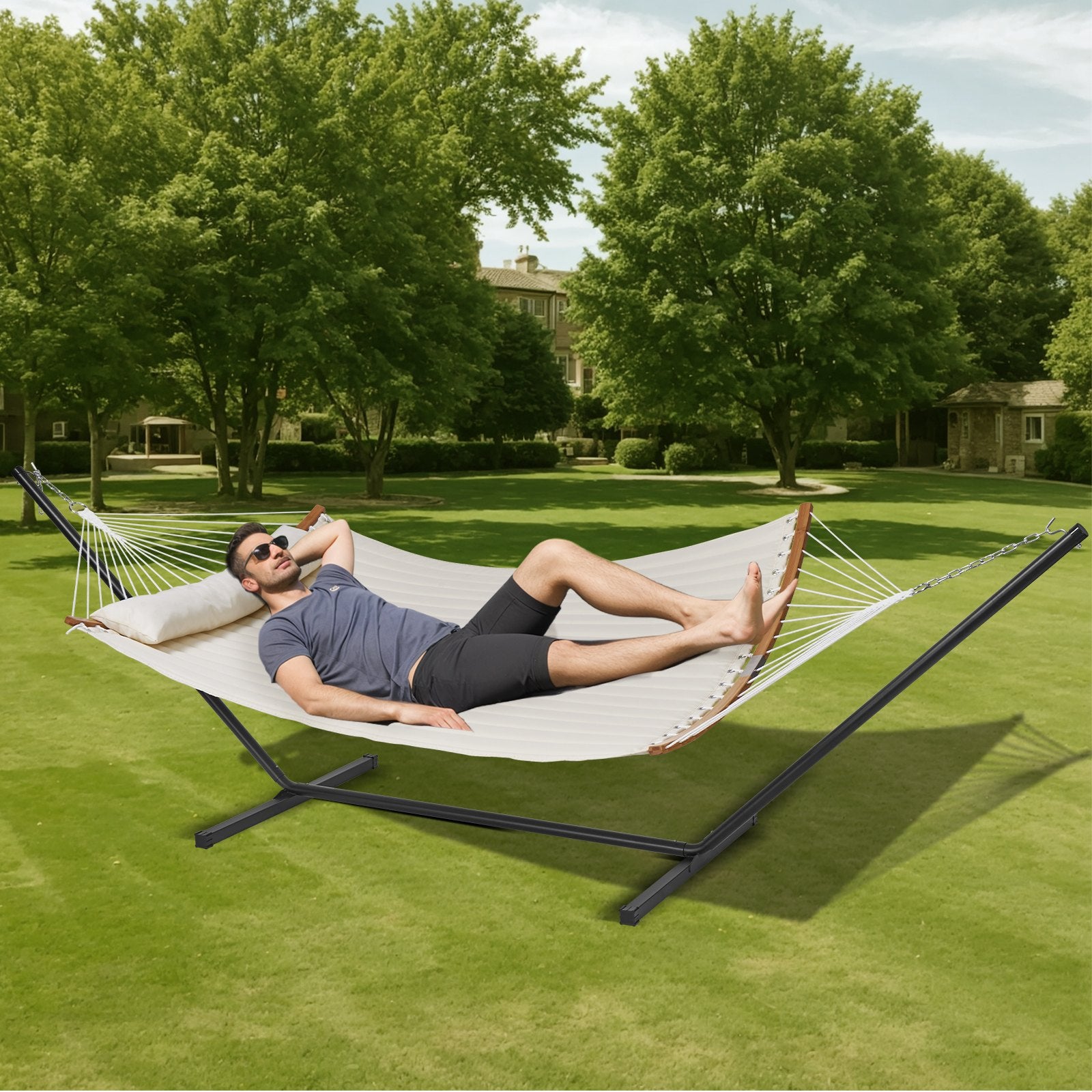 Two Person Hammock with Stand Double Curved Spreader Bar Detachable Pillow 480lb