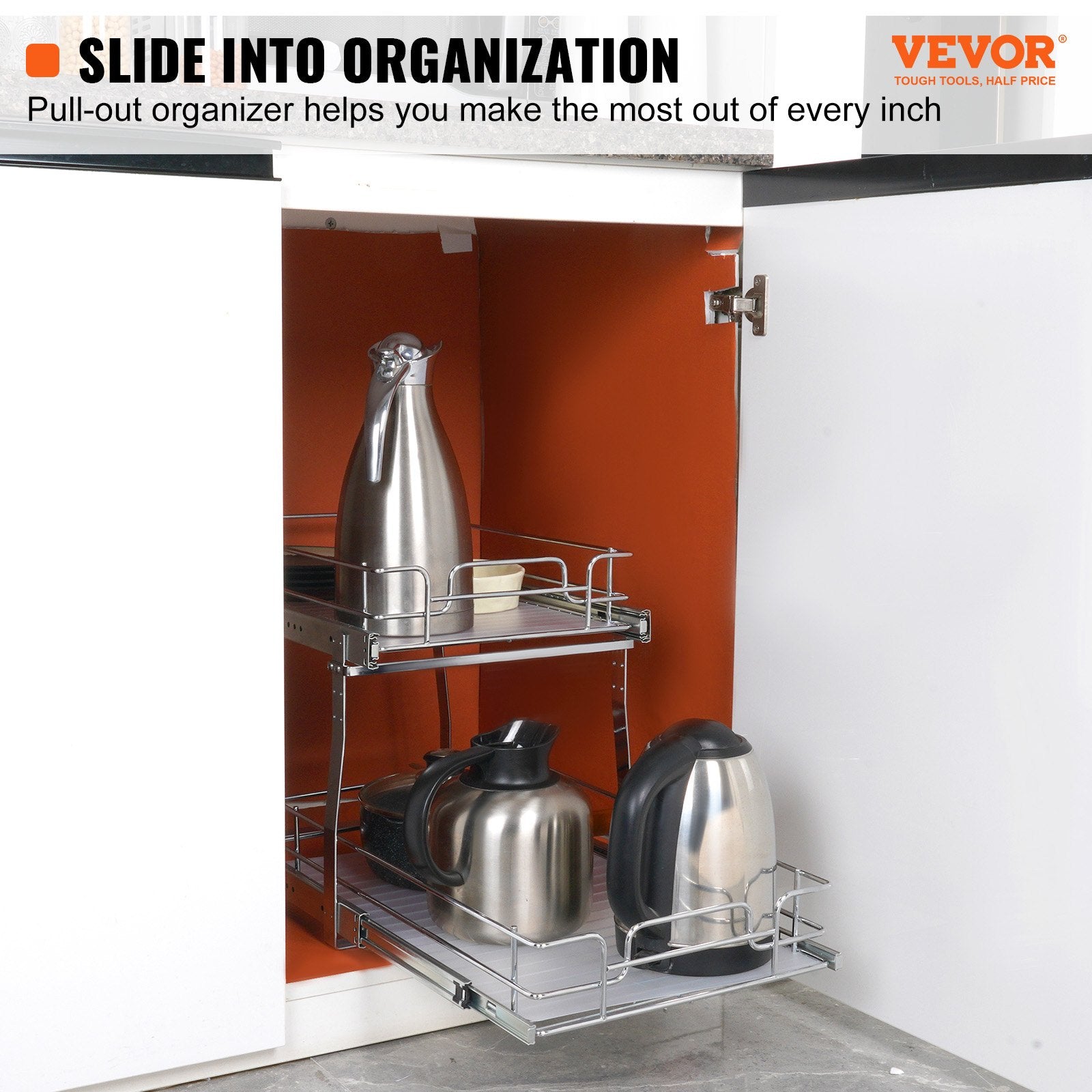 Pull Out Cabinet Organizer 2 Tier 14x21x15 Heavy Duty Steel Slide-Out Shelves