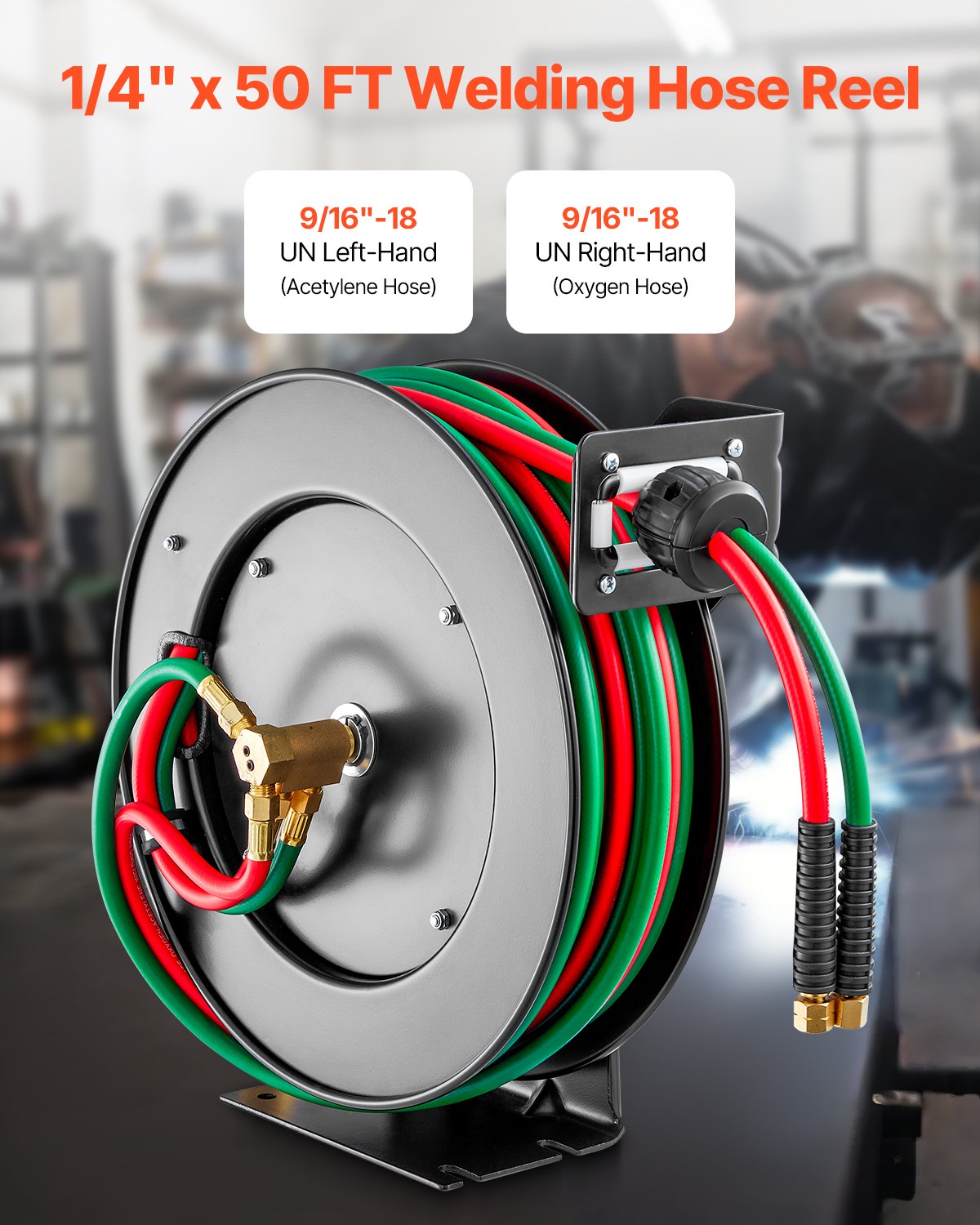 Retractable Welding Hose Reel 1/4" x 50FT Twin Oxygen Acetylene 300PSI Steel