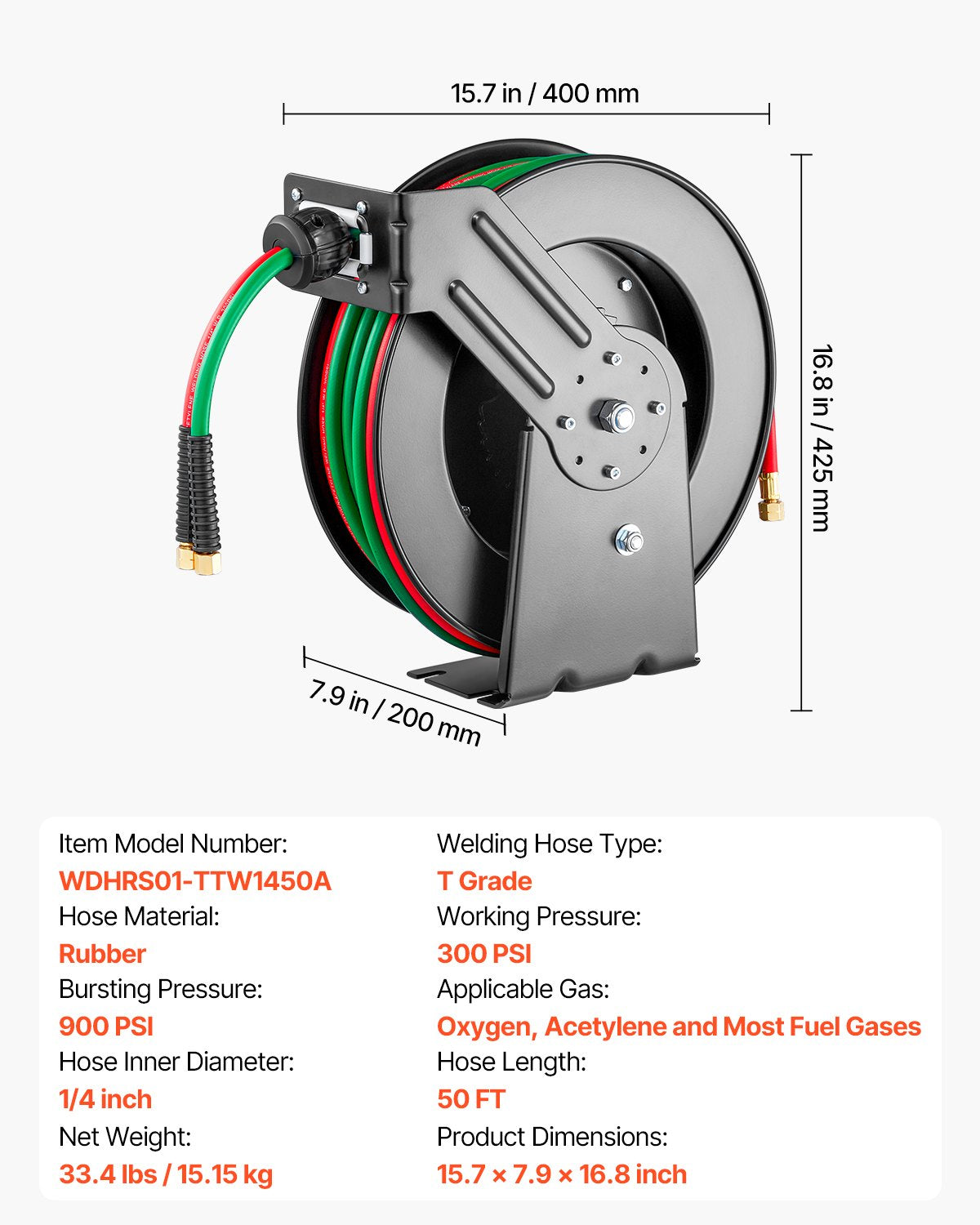 Retractable Welding Hose Reel 1/4" x 50FT Twin Oxygen Acetylene 300PSI Steel